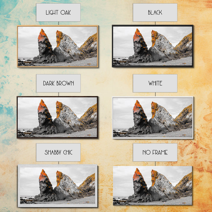 Rocky Cliffs, Orange Moss, Ocean Landscape, Coastal Vibe – Framed Canvas Print, Nature Wall Art, Fall Inspired Decor, Bathroom or Hallway