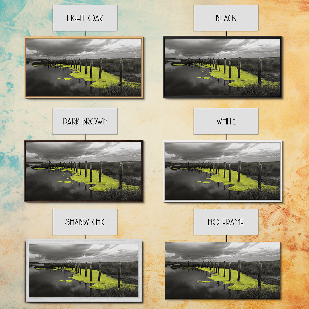 Coastal Marsh, Minimalist Nature, Black and White Art, Modern Decor, Framed Canvas Print, Bathroom Wall Art, Yellow Accents, Serene Mood