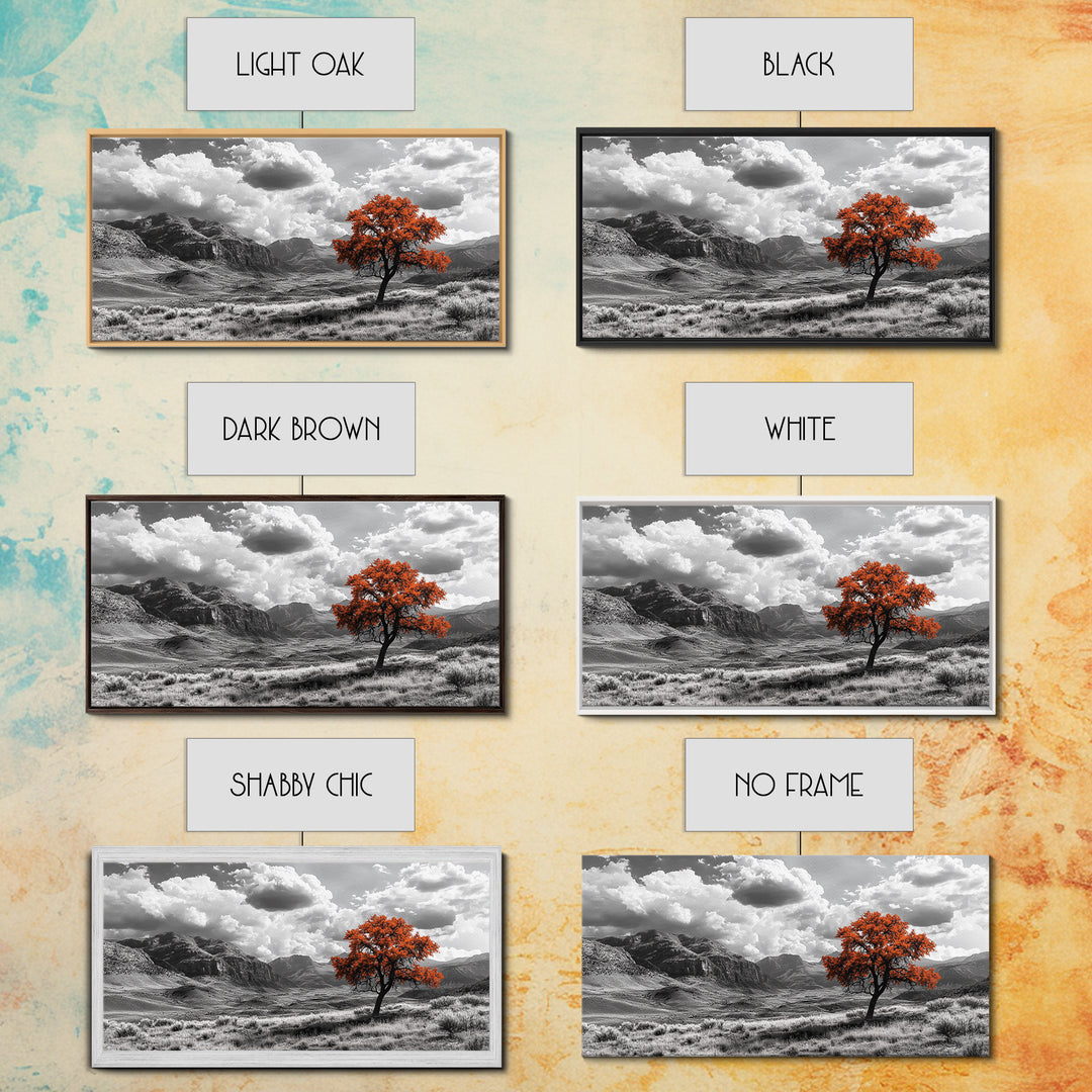 Autumn Tree Vista, Western Mountains Landscape, Vibrant Fall Decor, Dramatic Skies Canvas Print, Framed Canvas Print, Nature Wall Art