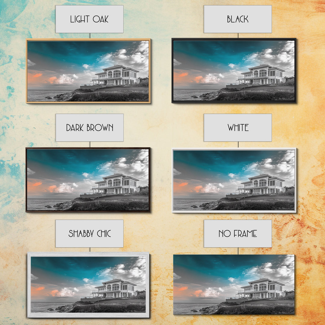 Beach House, Coastal Sunset, Ocean View, Framed Canvas Print, Modern Coastal Decor, Living Room Art, Ocean Sky Photography