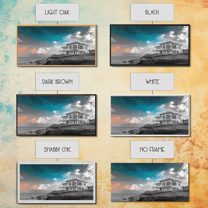 Beach House, Coastal Sunset, Ocean View, Framed Canvas Print, Modern Coastal Decor, Living Room Art, Ocean Sky Photography