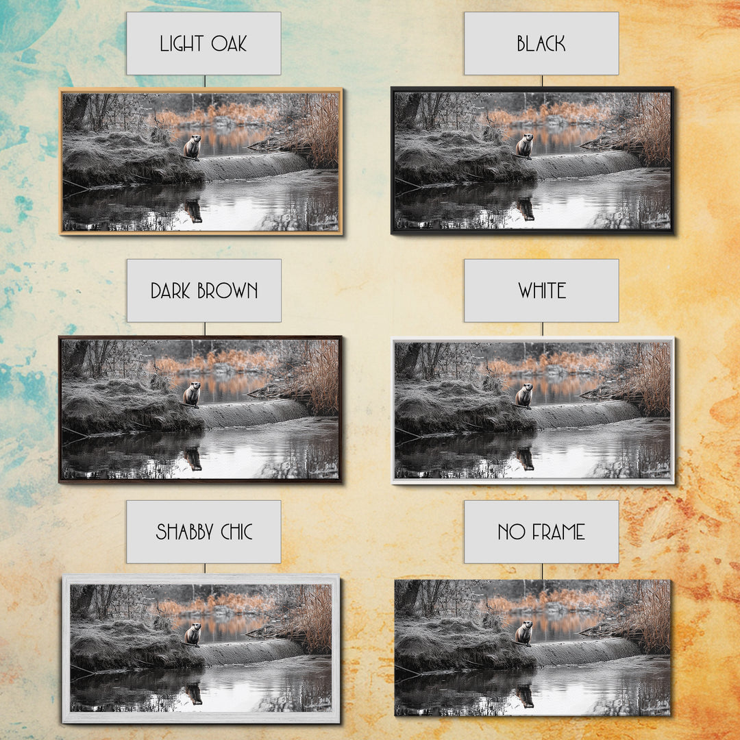 River Otter View, Wildlife Scene, Autumn Nature, Moody Landscape, Framed Canvas Print, Cabin Decor, Animal Wall Art, Woodland Aesthetic