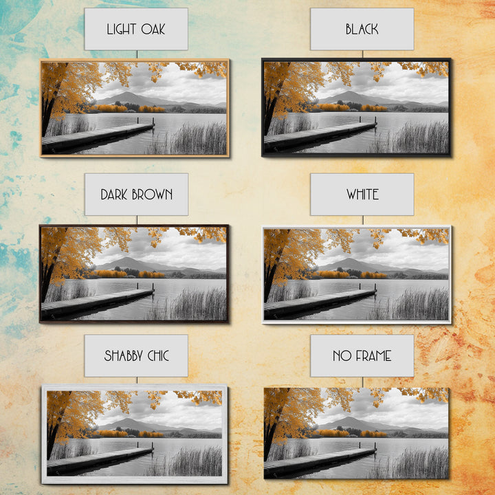 Autumn Lake, Golden Trees, Mountain Calm, Rustic Dock, Framed Canvas Print, Fall Living Room Art, Nature Landscape, Tranquil Cabin Decor