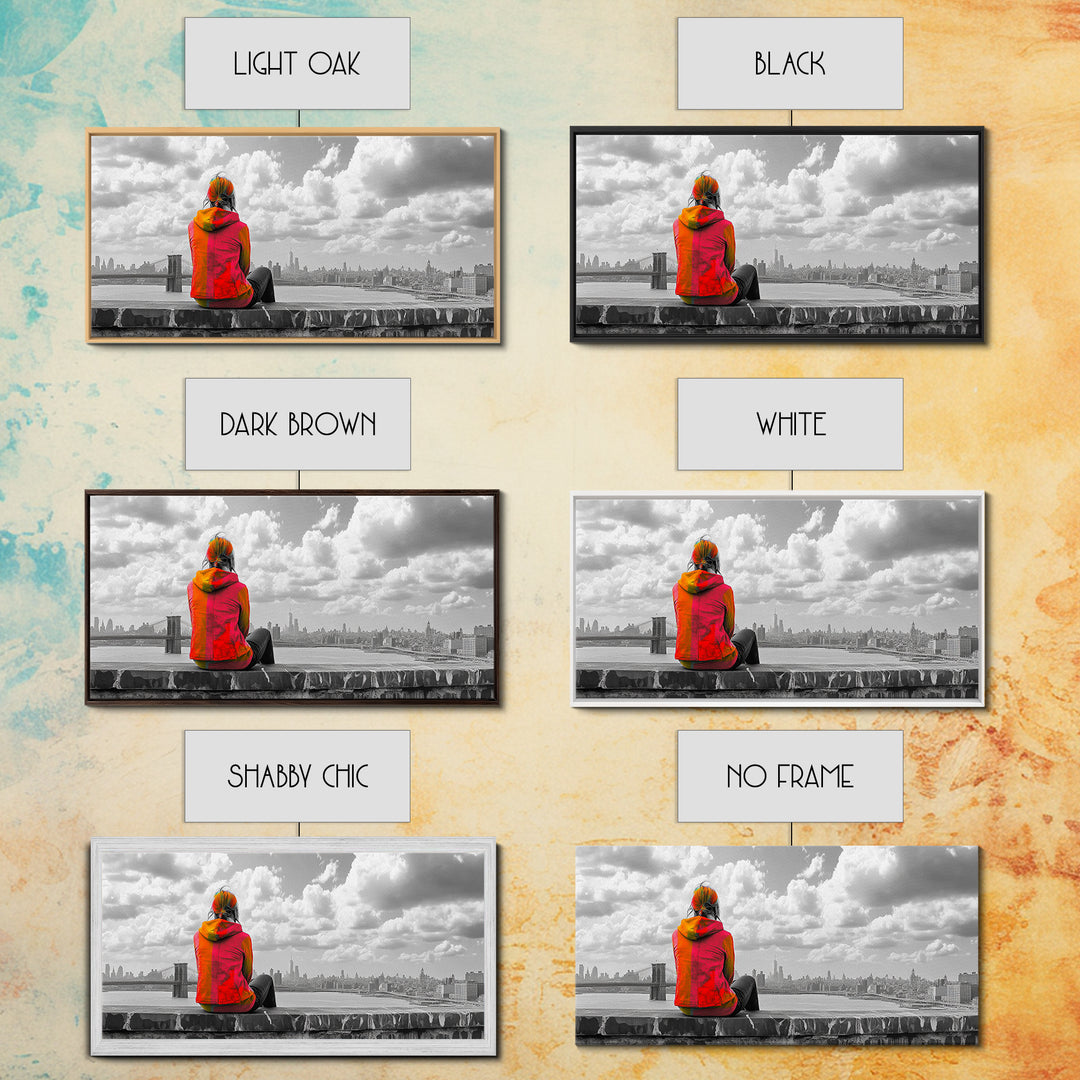 Rooftop View, Urban Woman, Brooklyn Bridge, Reflective Mood, Framed Canvas Print, Modern City Wall Art, Inspirational Office Decor