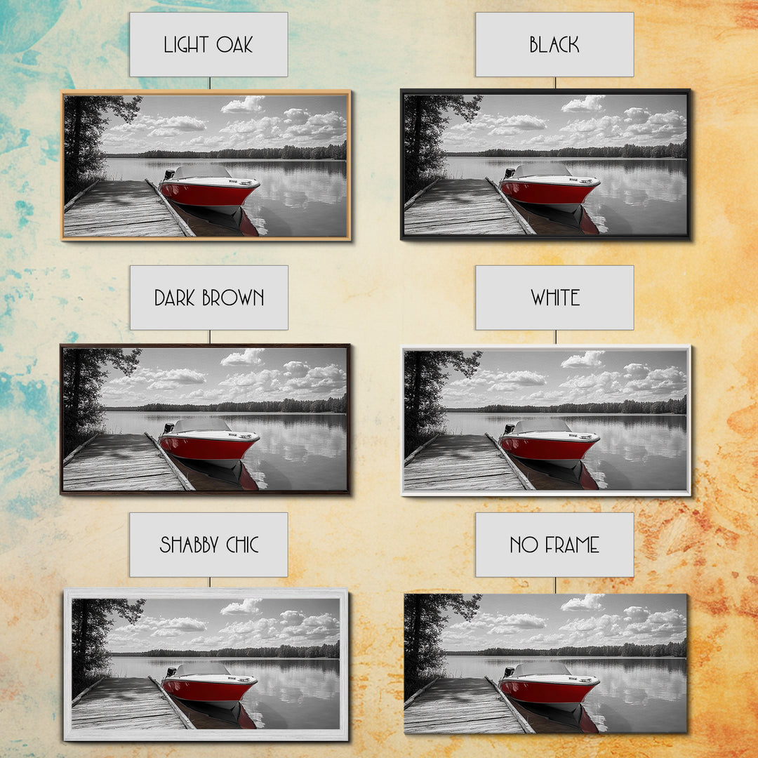 Rustic Boathouse, Red Canoe, Lake Reflection, Tranquil Nature, Framed Canvas Print, Cabin Wall Art, Autumn Lake House Decor