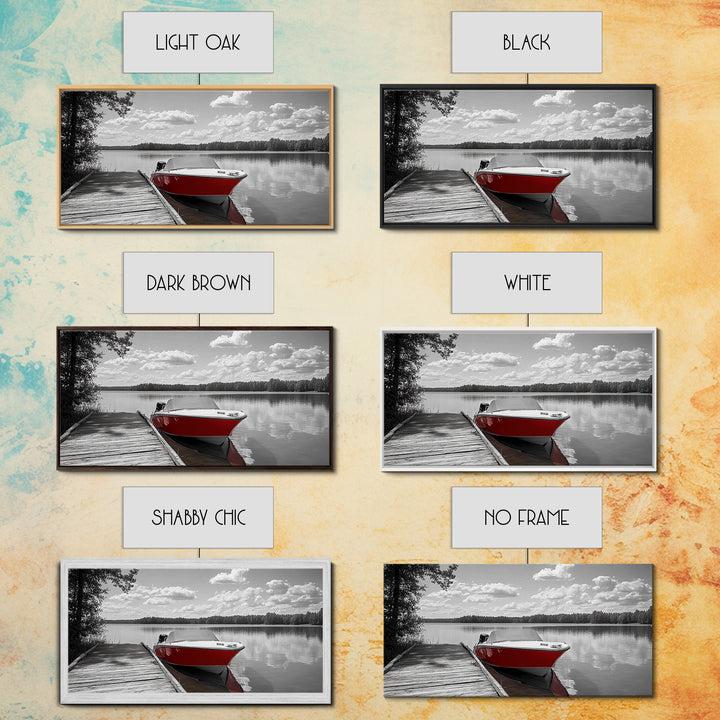 Rustic Boathouse, Red Canoe, Lake Reflection, Tranquil Nature, Framed Canvas Print, Cabin Wall Art, Autumn Lake House Decor