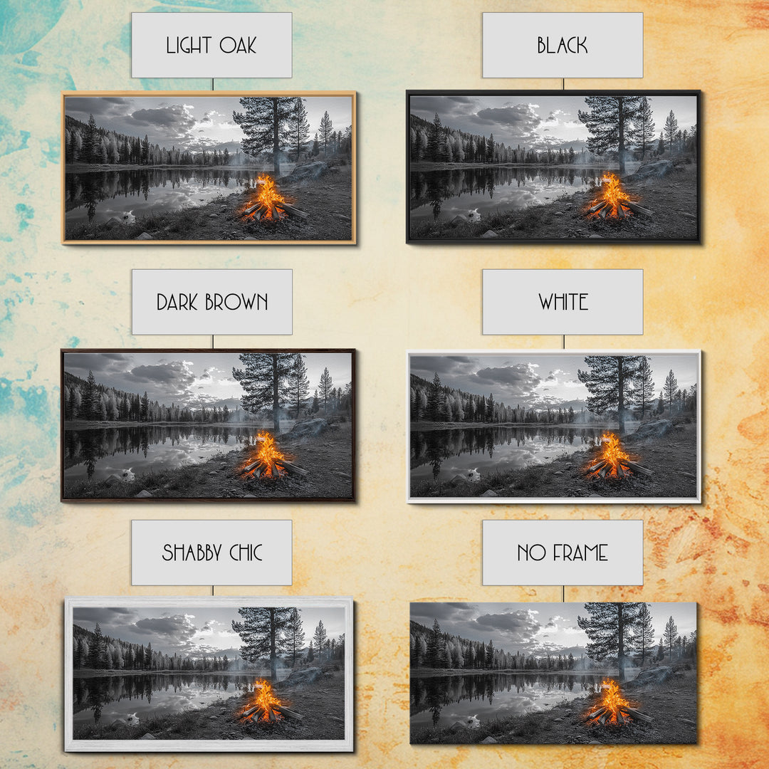 Campfire Sunset, Lake Reflections, Wilderness Escape, Nature Serenity, Framed Canvas Print, Rustic Decor, Autumn Wall Art, Living Room