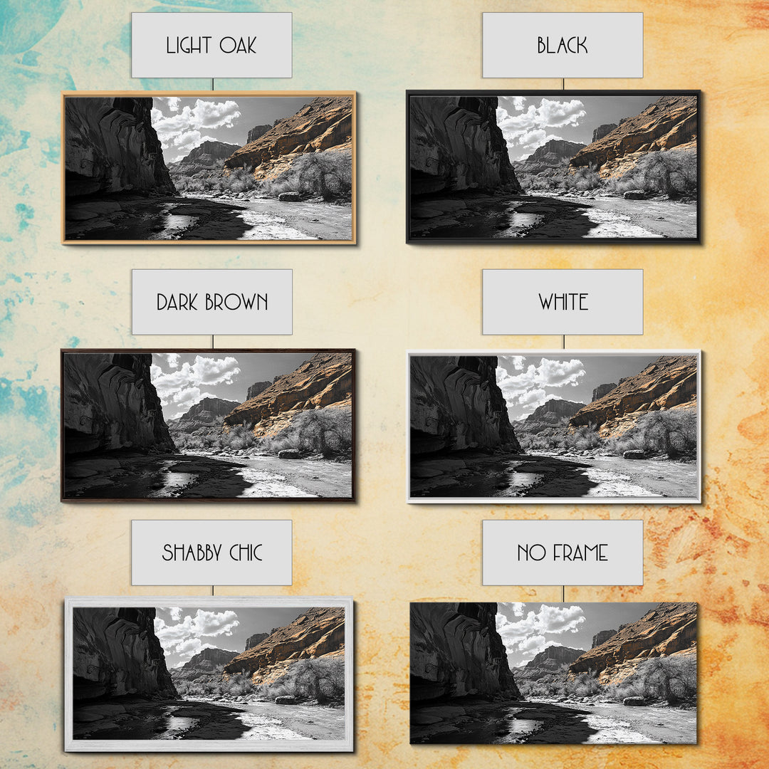 Desert Canyon, River Shadows, Rock Formations, Wild Terrain, Framed Canvas Print, Nature Wall Art, Earth Tone Decor, Living Room Style