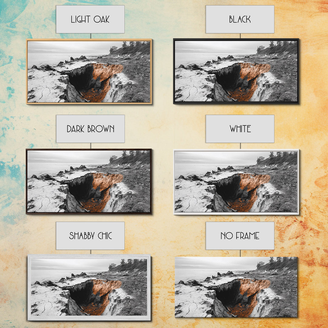 Coastal Cliff, Erosion Edge, Rugged Shoreline, Ocean Mystery, Framed Canvas Print, Modern Nature Wall Art, Earthy Office Decor, Beach Mood