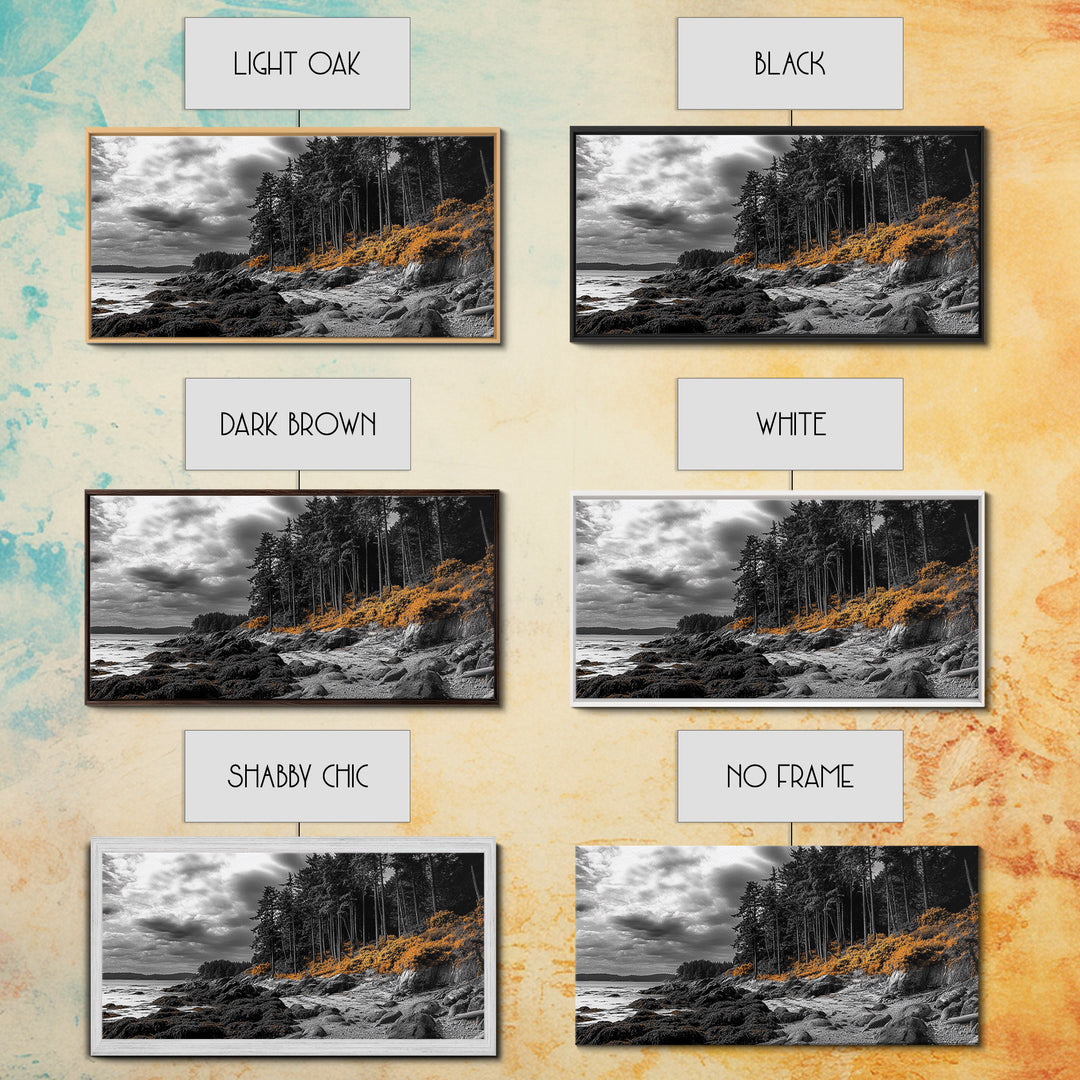 Autumn Coastline, Orange Forest Edge, Framed Canvas Print, Coastal Nature Art, Fall Wall Decor, Rustic Living Room Style, Moody Sky