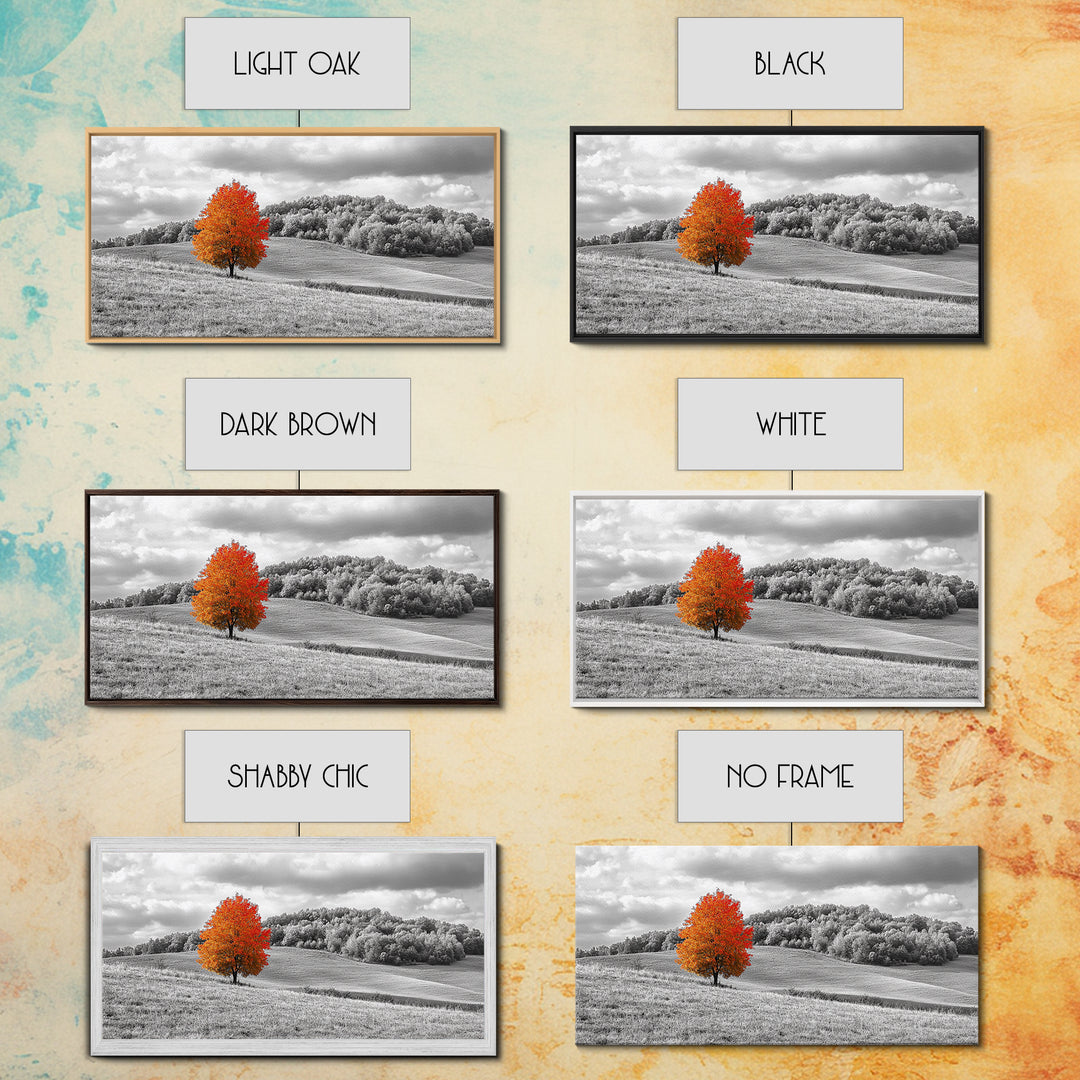 Autumn Tree, Rolling Hills, Minimalist Landscape, Fall Decor, Framed Canvas Print, Office Wall Art, Vibrant Red Orange Tree Scene