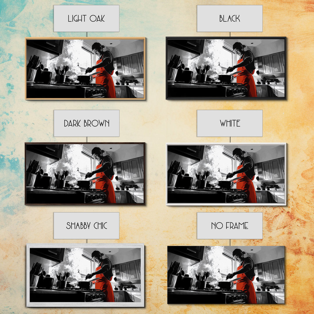 Bold Cooking Moment, Artistic Kitchen Scene, Red Apron Chef, Steam and Light, Framed Canvas Print, Kitchen Wall Art, Modern Pop Style