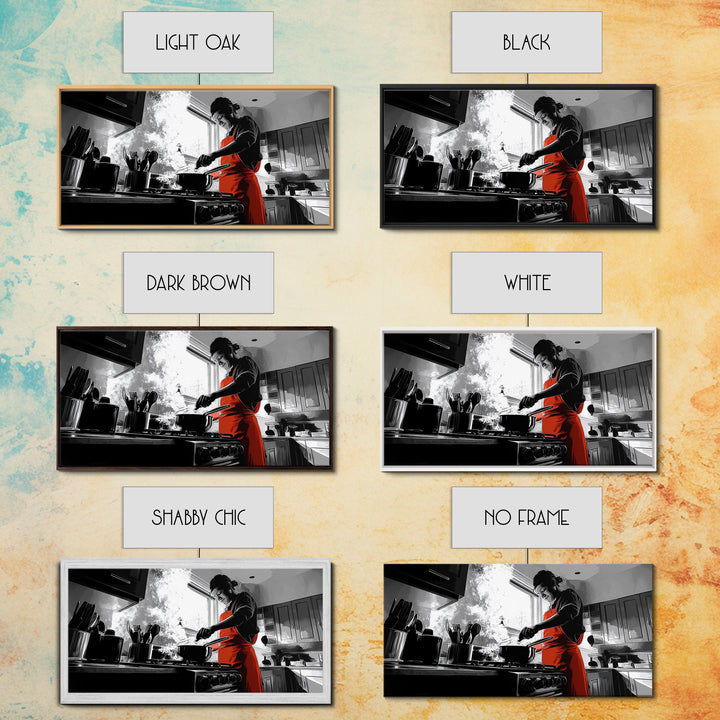 Bold Cooking Moment, Artistic Kitchen Scene, Red Apron Chef, Steam and Light, Framed Canvas Print, Kitchen Wall Art, Modern Pop Style