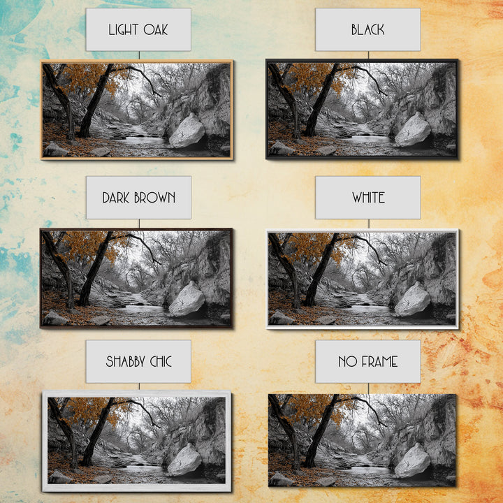 Autumn Stream, Orange Leaves, Waterfall Path, Framed Canvas Print, Fall Wall Art, Rustic Living Room Decor, Seasonal Nature Photography