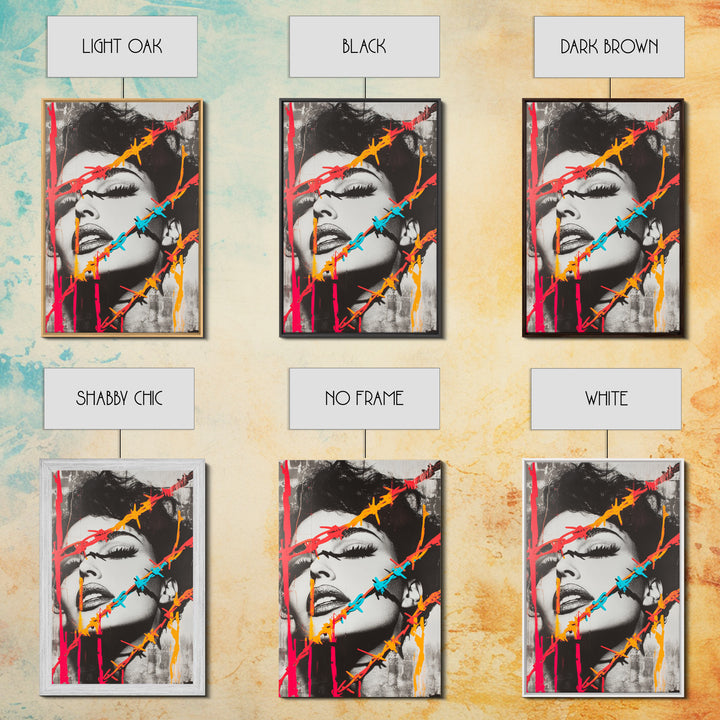 Neon Barbed Beauty, Graffiti Glam, Bold Portrait, Framed Canvas Print, Urban Wall Art, Edgy Bedroom Decor, Pop Art Style Statement