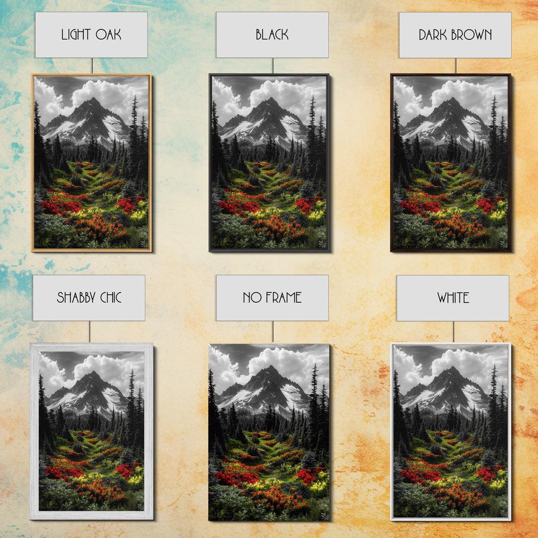 Mountain Flowers, Nature Trail, Alpine Beauty, Evergreen Path, Framed Canvas Print, Landscape Photography, Cabin Wall Art, Nature Decor
