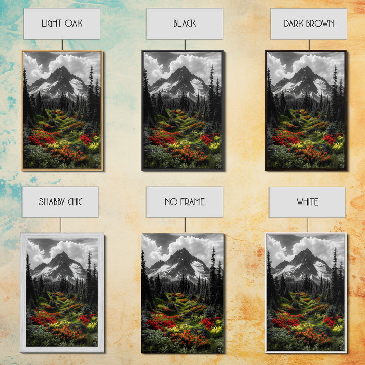 Mountain Flowers, Nature Trail, Alpine Beauty, Evergreen Path, Framed Canvas Print, Landscape Photography, Cabin Wall Art, Nature Decor