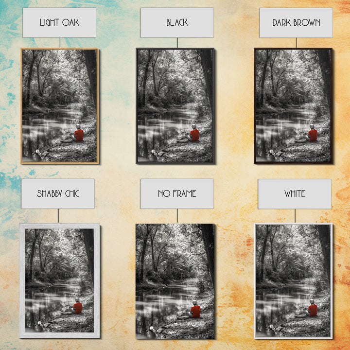 Boy Fishing, River Calm, Peaceful Moment, Nature Scene, Framed Canvas Print, Cabin Wall Art, Woodland Fall Decor, Tranquil Vibe