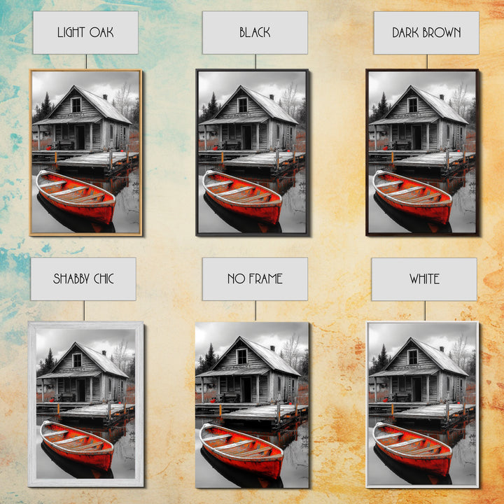Cabin Reflection, Rustic Rowboat, Autumn Red, Lake Dock, Canvas Print, Fall Wall Art, Country Home Decor, Rustic Landscape, Lodge Style Art