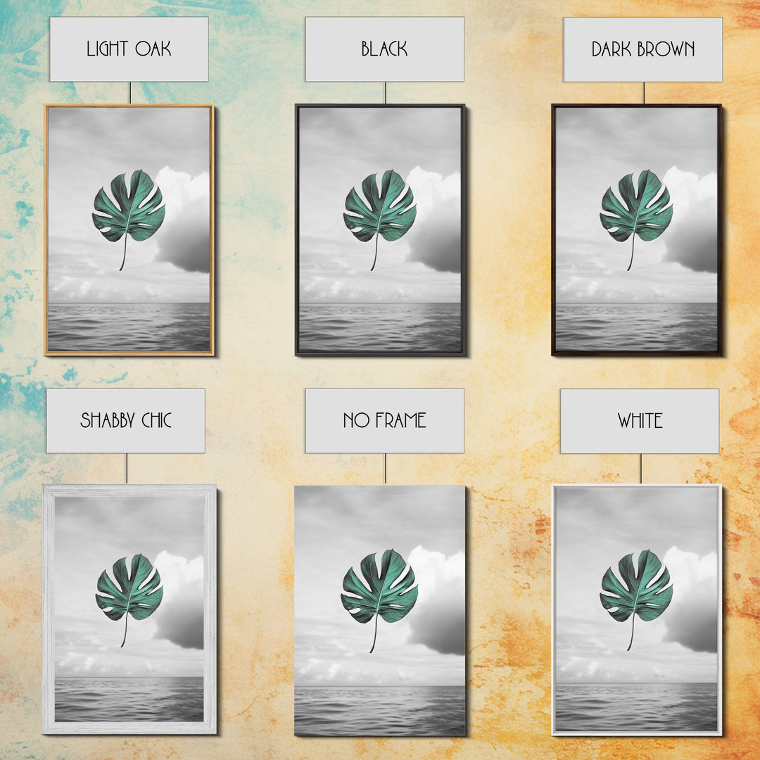 Monstera Leaf, Ocean Breeze, Tropical Minimalism, Floating Leaf, Framed Canvas Print, Modern Bathroom Art, Boho Decor, Tropical Wall Art