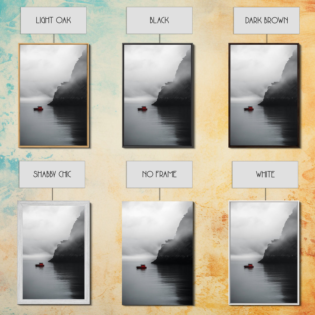 Red Boat, Foggy Coast, Seaside Cliff, Misty Water, Canvas Print, Moody Nautical Wall Art, Minimalist Ocean Decor, Scandinavian Style Art