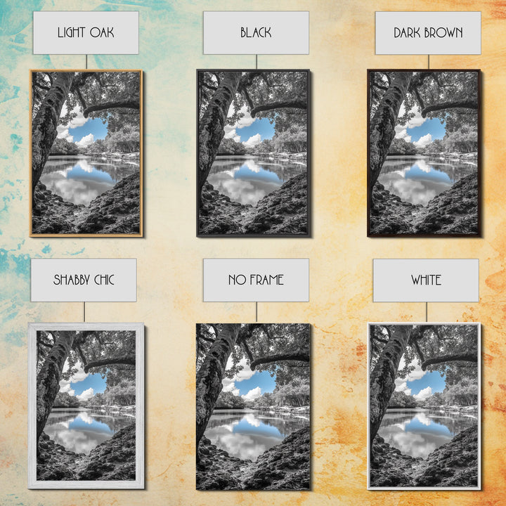 Blue Sky River, Tropical Trees, Natural Tranquility, Framed Canvas Print, Relaxing Bedroom Wall Art, Coastal Nature, Serene Landscape Decor