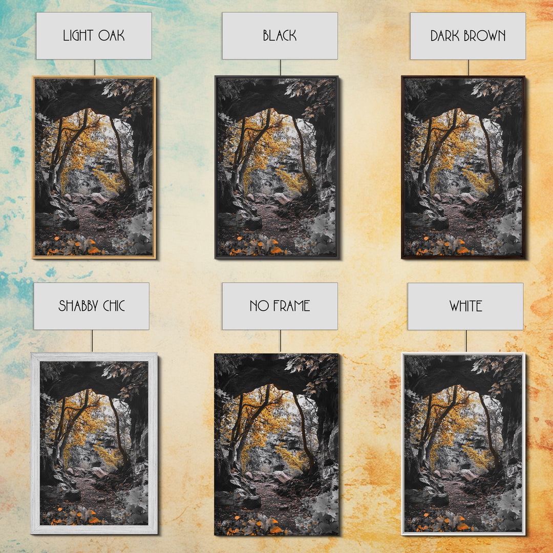 Autumn Trail, Yellow Foliage, Forest Pathway, Framed Canvas Print, Fall Wall Art, Warm Earth Tones, Rustic Entryway Decor, Woodland Scene