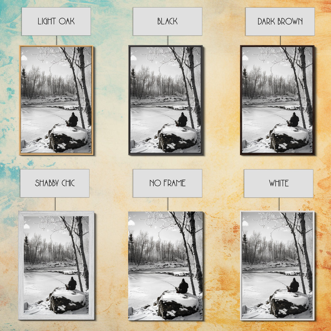 Winter Fishing, Snowy River, Peaceful Solitude, Canvas Print, Cabin Wall Art, Rustic Outdoor Decor, Black White Nature Photography