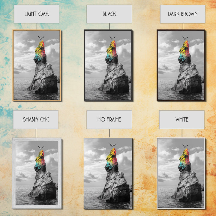 Rainbow Cliff, Soaring Bird, Ocean Rock Scene, Canvas Print, Nature Adventure Wall Art, Vibrant Seascape Decor, Coastal Living Accent