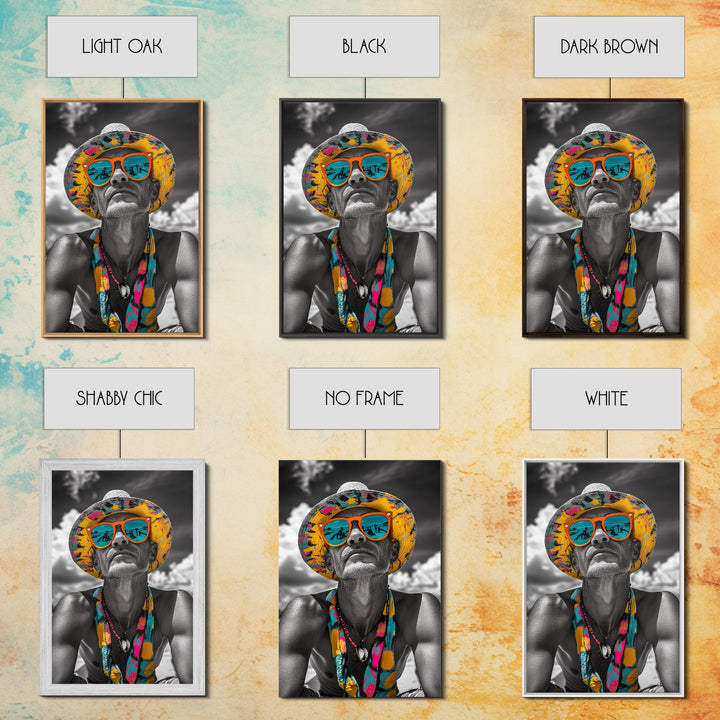 Beach Guy Portrait, Summer Sunglasses, Boho Vibe, Framed Canvas Print, Surf Shack Decor, Eclectic Wall Art, Travel Inspired Design