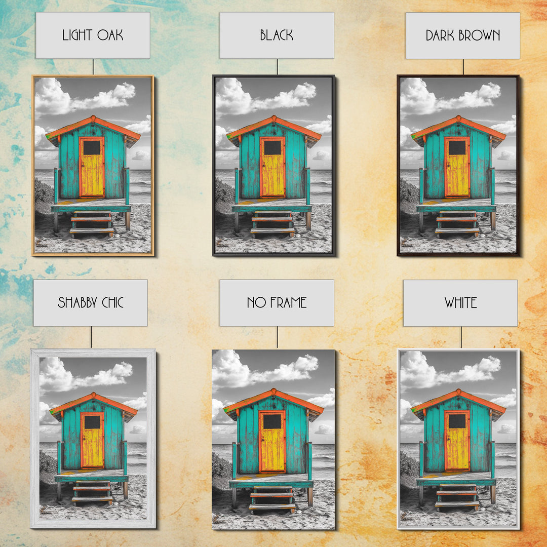 Colorful Beach Hut, Surf Shack, Coastal Cabin, Framed Canvas Print, Tropical Wall Art, Living Room Decor, Bright Summer Home Style