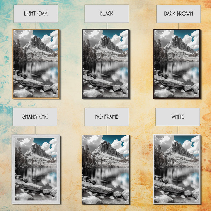 Crystal Lake Peaks, Serene Mountain Reflection, Monochrome Water Scene, Canvas Print, Bedroom Wall Art, Nature Photography Decor