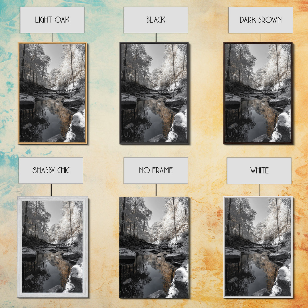 Autumn Creek Walk, Monochrome Forest Stream, Fall Reflections, Framed Canvas Print, Entryway Wall Art, Nature Trail Photography Decor