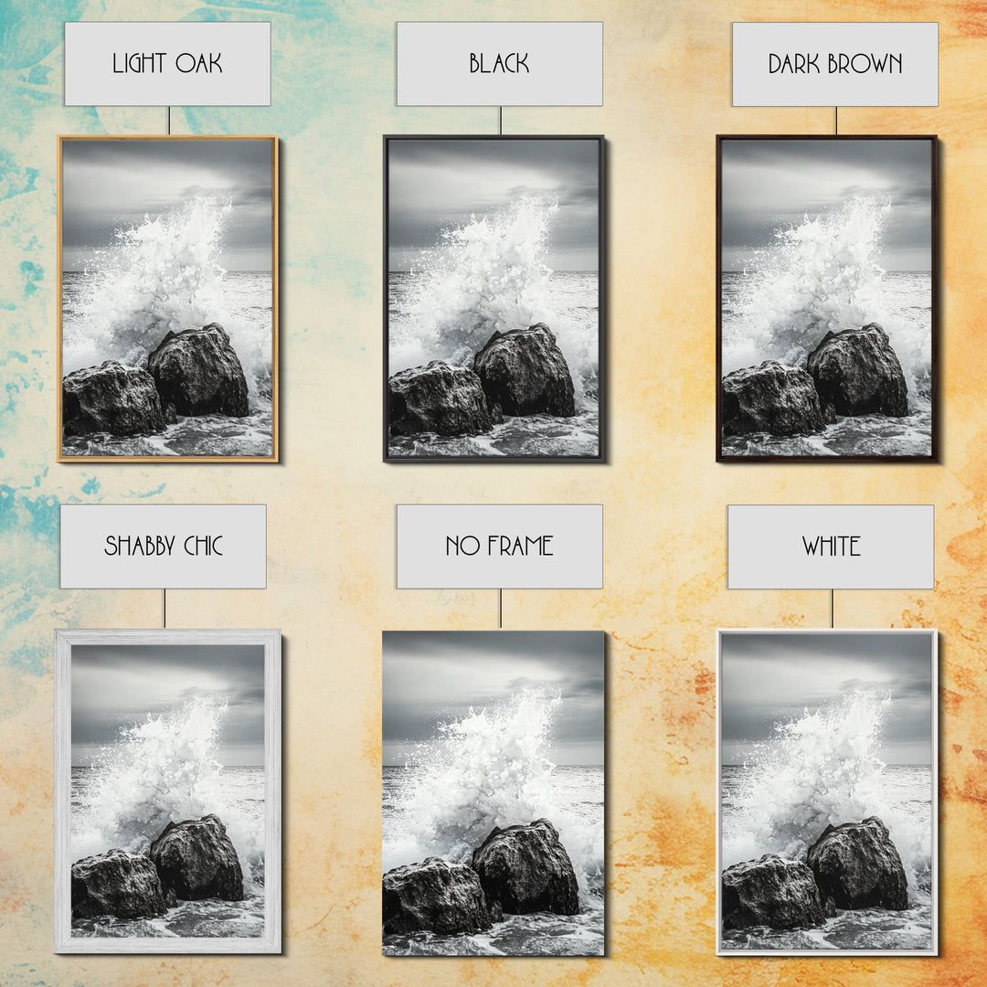 Ocean Splash, Rocky Coast, Dramatic Seascape, Monochrome Power, Framed Canvas Print, Coastal Wall Art, Entryway or Office Decor