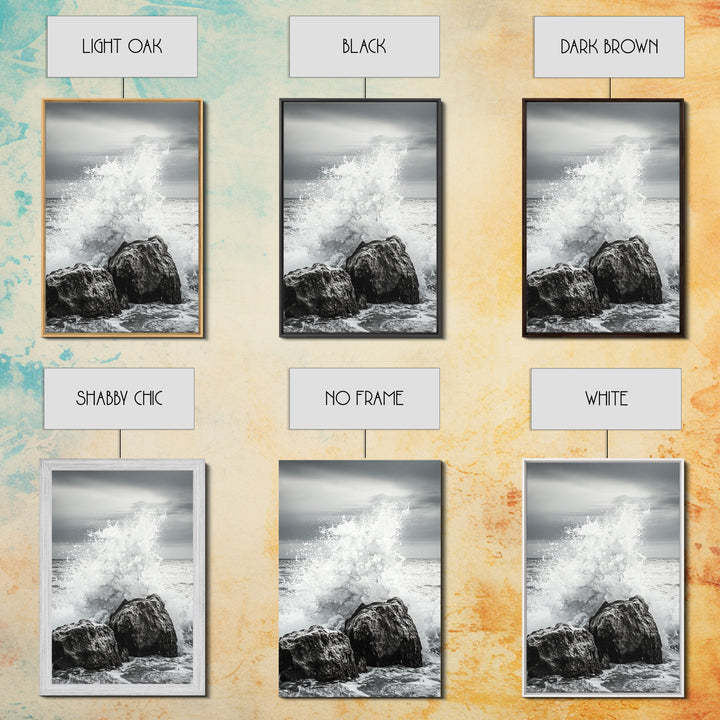 Ocean Splash, Rocky Coast, Dramatic Seascape, Monochrome Power, Framed Canvas Print, Coastal Wall Art, Entryway or Office Decor