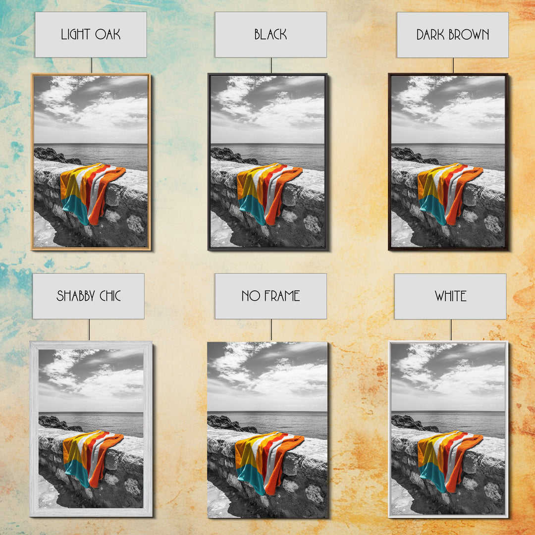 Colorful Towel, Coastal Vibes, Seaside Style, Bold Decor, Framed Canvas Print vibrant beach towel photo, bathroom wall art, summer art