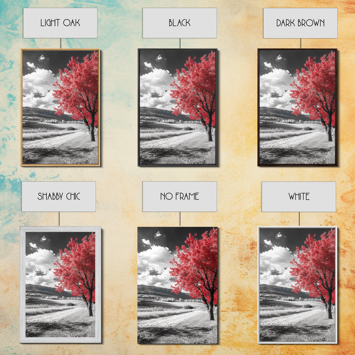 Autumn Red Tree, Scenic Road, Countryside Field, Framed Canvas Print, Fall Wall Art, Rustic Home Decor, Nature Photography, Office Accent