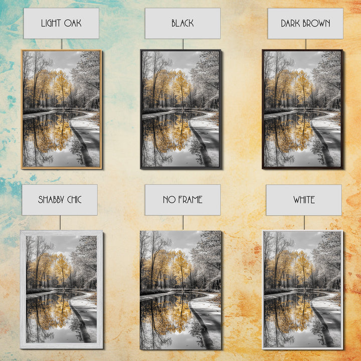 Autumn Trees, Yellow Reflection, Calm River, Nature Path, Framed Canvas Print fall landscape wall art, minimalist forest photography