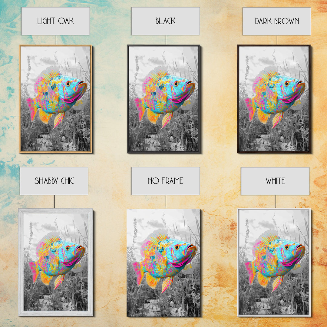 Neon Fish, Color Splash, Bright Animal, Vibrant Water, Framed Canvas Print psychedelic aquatic art, kids room fish wall decor, animal print
