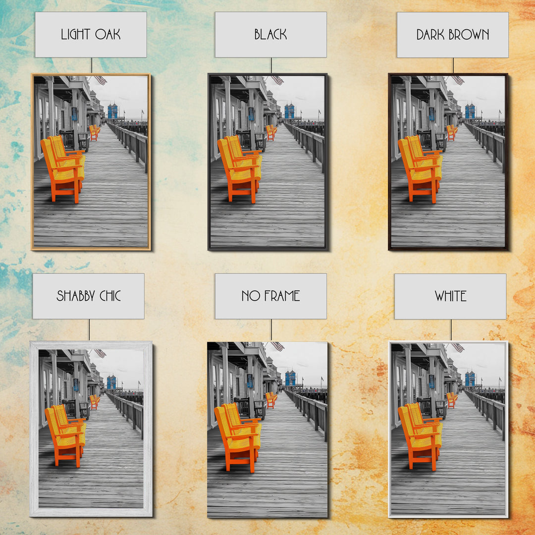 Boardwalk Chairs, Orange Seating, Coastal Town, Wooden Path, Framed Canvas Print beach town photography, nautical home decor, coastal art