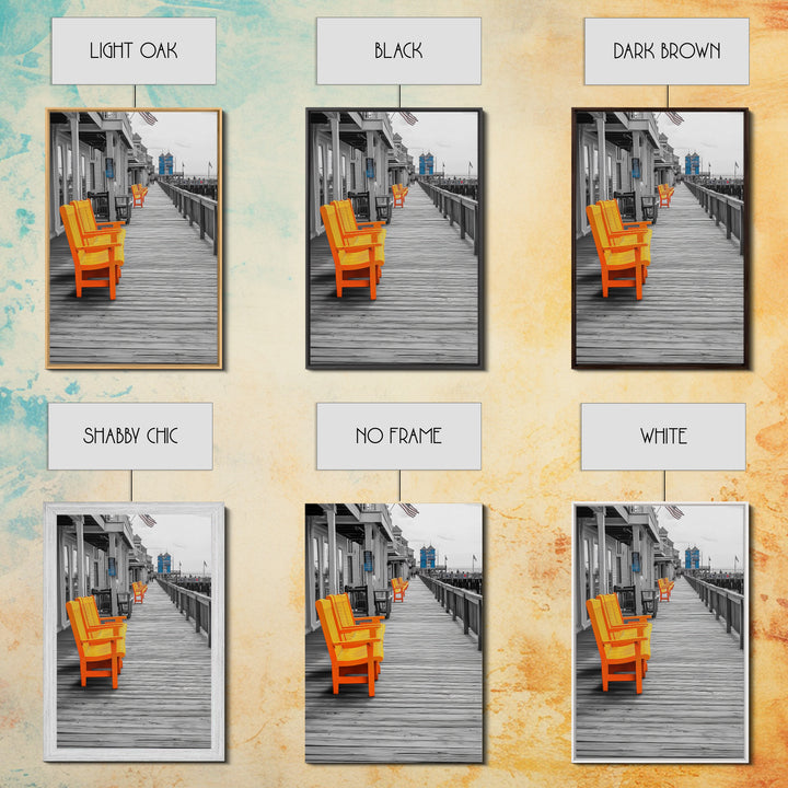 Boardwalk Chairs, Orange Seating, Coastal Town, Wooden Path, Framed Canvas Print beach town photography, nautical home decor, coastal art