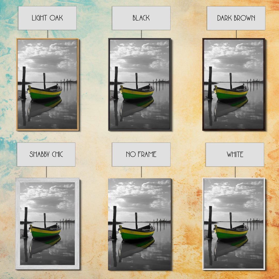 Green Yellow Boat, Serene Reflection, Dockside Calm, Framed Canvas Print, Coastal Bedroom Decor, Minimal Nautical Wall Art