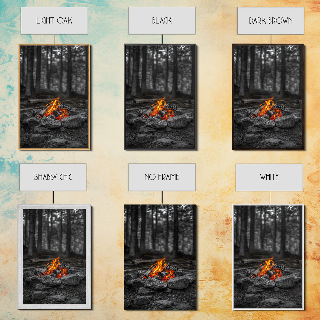 Campfire Glow, Cozy Flames, Autumn Wall Art, Framed Canvas Print, Nature Photography, Rustic Decor, Living Room Cabin Aesthetic