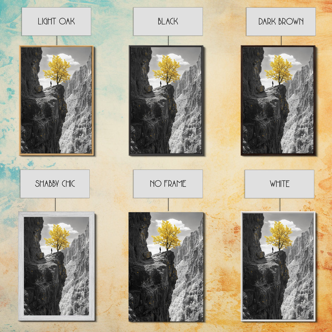 Cliff Tree, Yellow Foliage, Hiker Scene, Framed Canvas Print, Landscape Art, Fall Wall Decor, Adventure Wall Art, Office Statement Piece