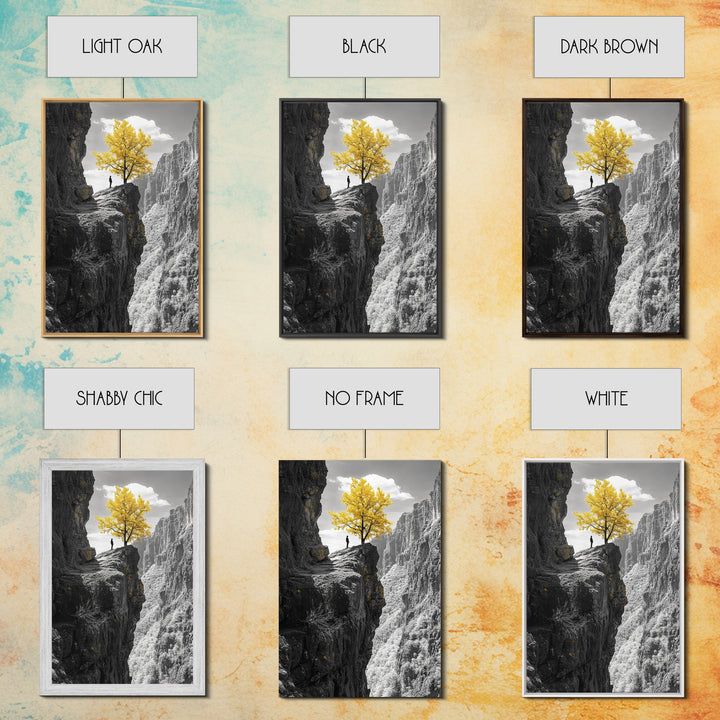 Cliff Tree, Yellow Foliage, Hiker Scene, Framed Canvas Print, Landscape Art, Fall Wall Decor, Adventure Wall Art, Office Statement Piece