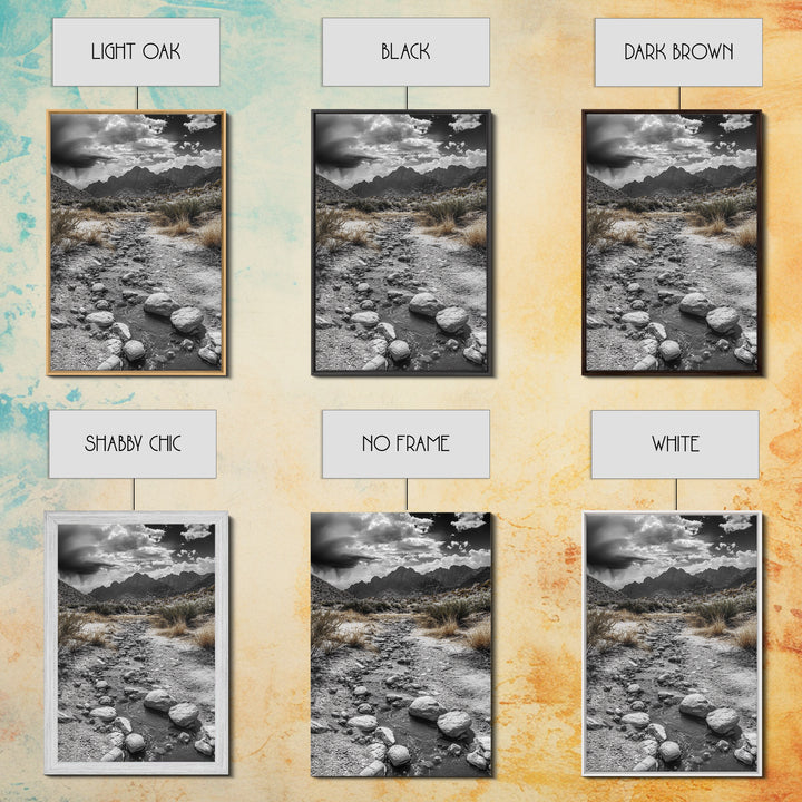 Desert Stream, Rocky Canyon, Moody Sky, Framed Canvas Print, Monochrome Landscape, Minimalist Art, Office or Entryway Decor