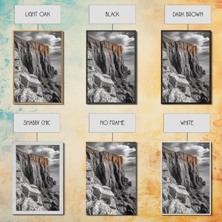 Rugged Cliff Coast, Ocean Rocks, Dramatic Sky, Seaside View, Framed Canvas Print, Coastal Decor, Living Room Wall Art, Earthy Tones