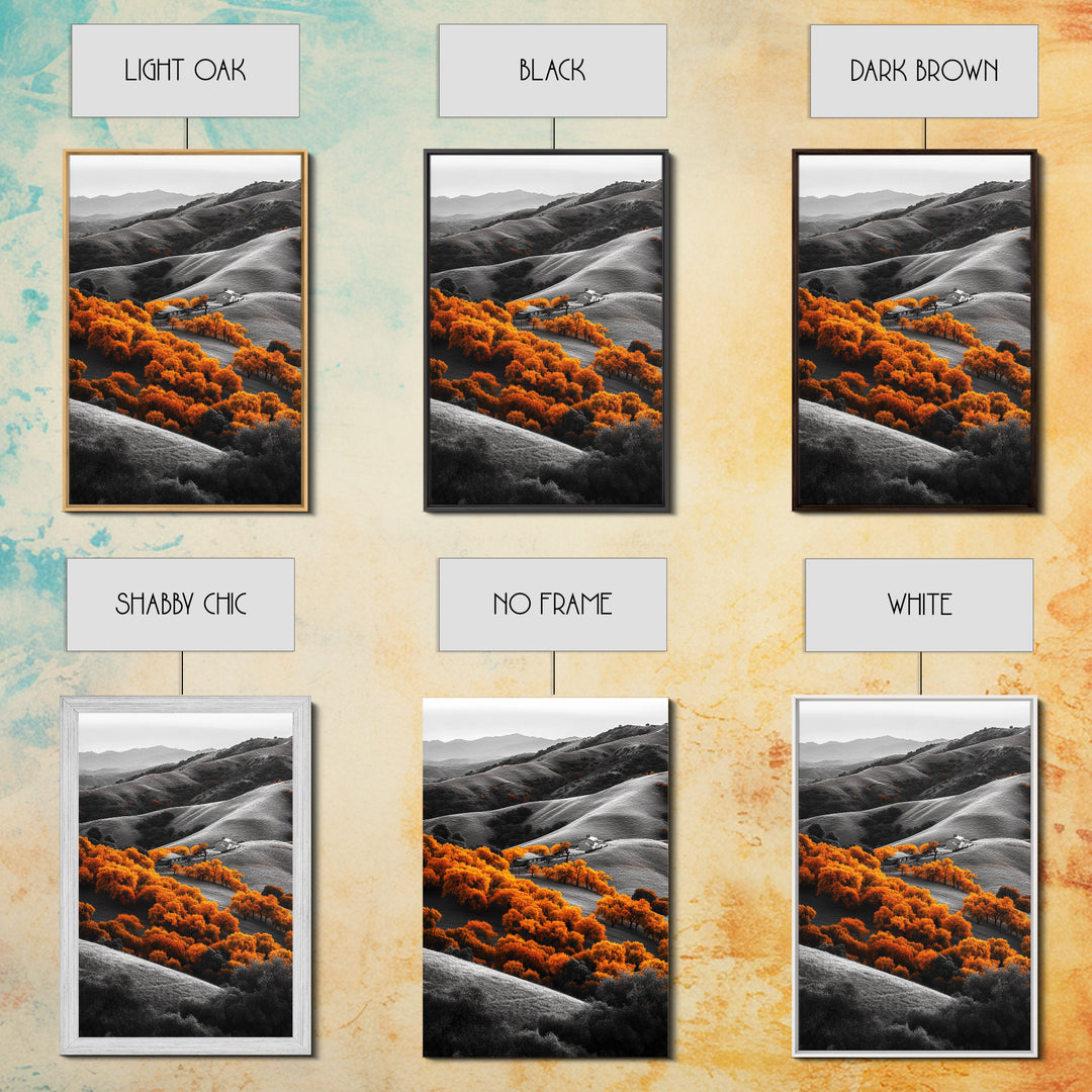 Autumn Hills, Vibrant Trees, Countryside View, Framed Canvas Print, Fall Landscape Art, Farmhouse Decor, Cozy Living Room Accent