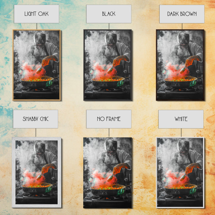 Chef Cooking, Kitchen Smoke, Artistic Culinary Scene, Framed Canvas Print, Modern Kitchen Wall Art, Vibrant Food Art, Chef Decor