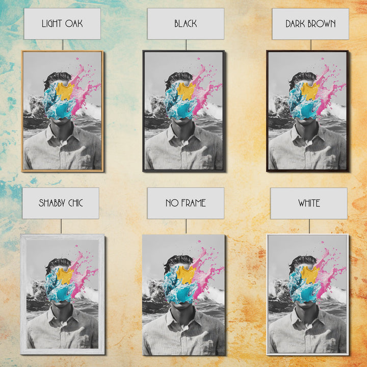 Abstract Portrait, Paint Splash Face, Surreal Ocean Art, Framed Canvas Print, Modern Living Room Art, Pop Surrealism Decor